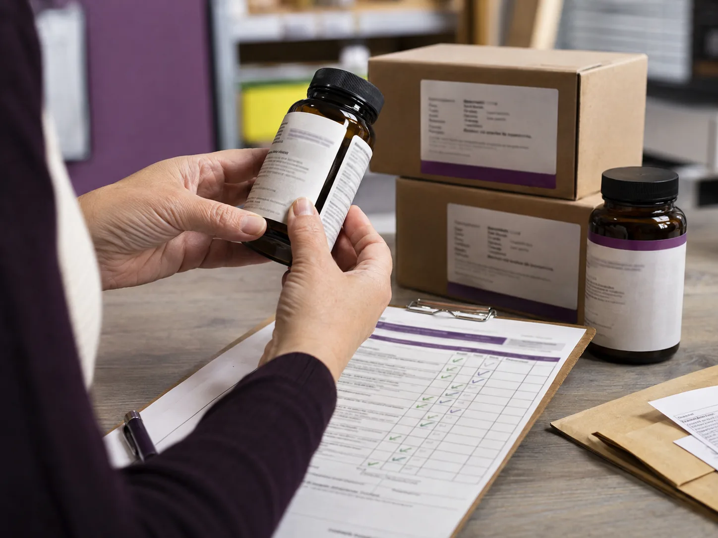 Professionnelle contrôlant l’étiquetage de produits de bien-être